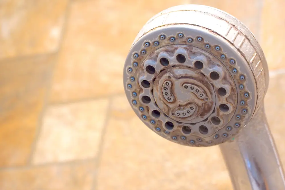 Hard water stain and rust on old shower tap in the bathroom.