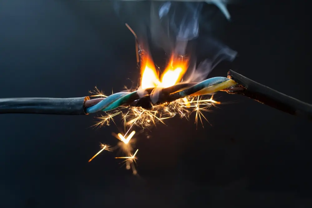 flame smoke and sparks on an electrical cable, fire hazard concept, soft focus close up