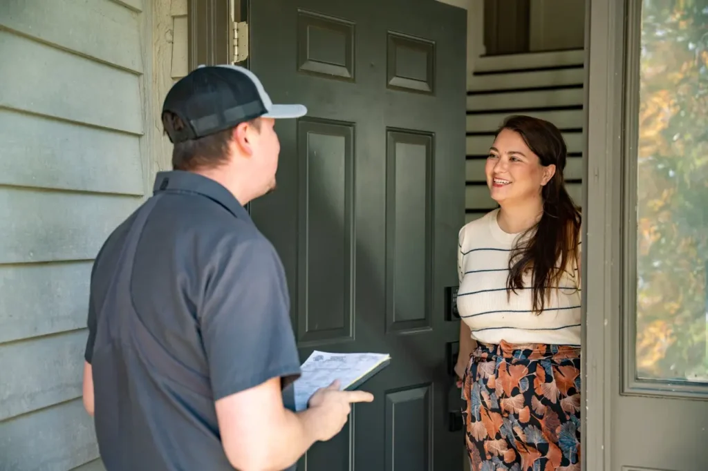 charles stone technician and woman at door